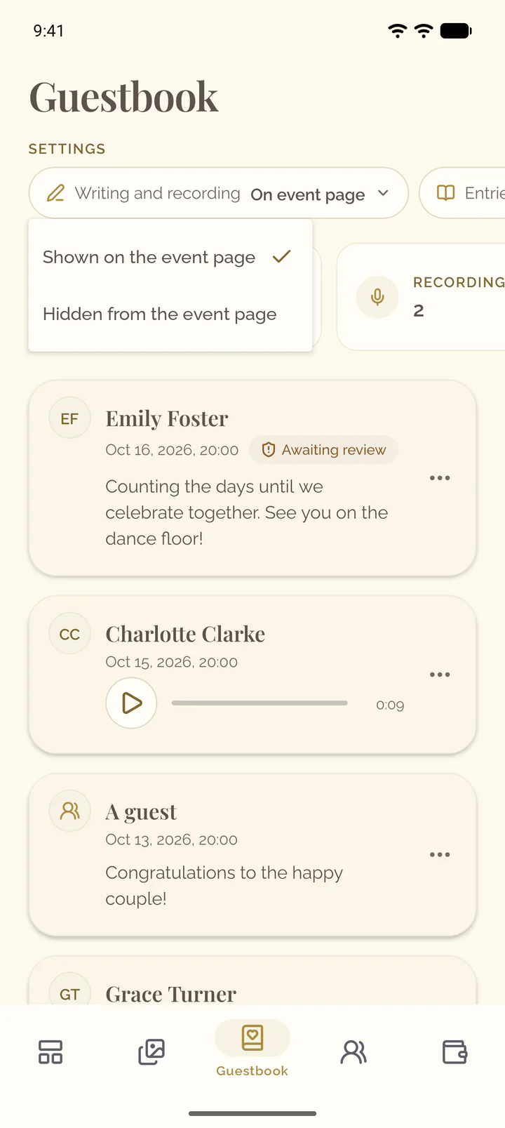The menu of the setting Writing and recording in the app
