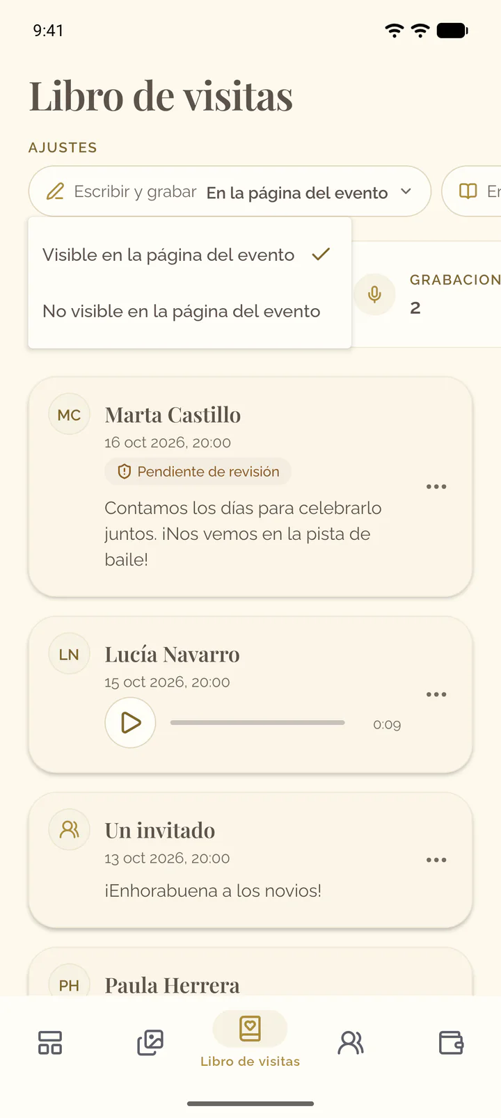 El menú del ajuste Escribir y grabar en la app