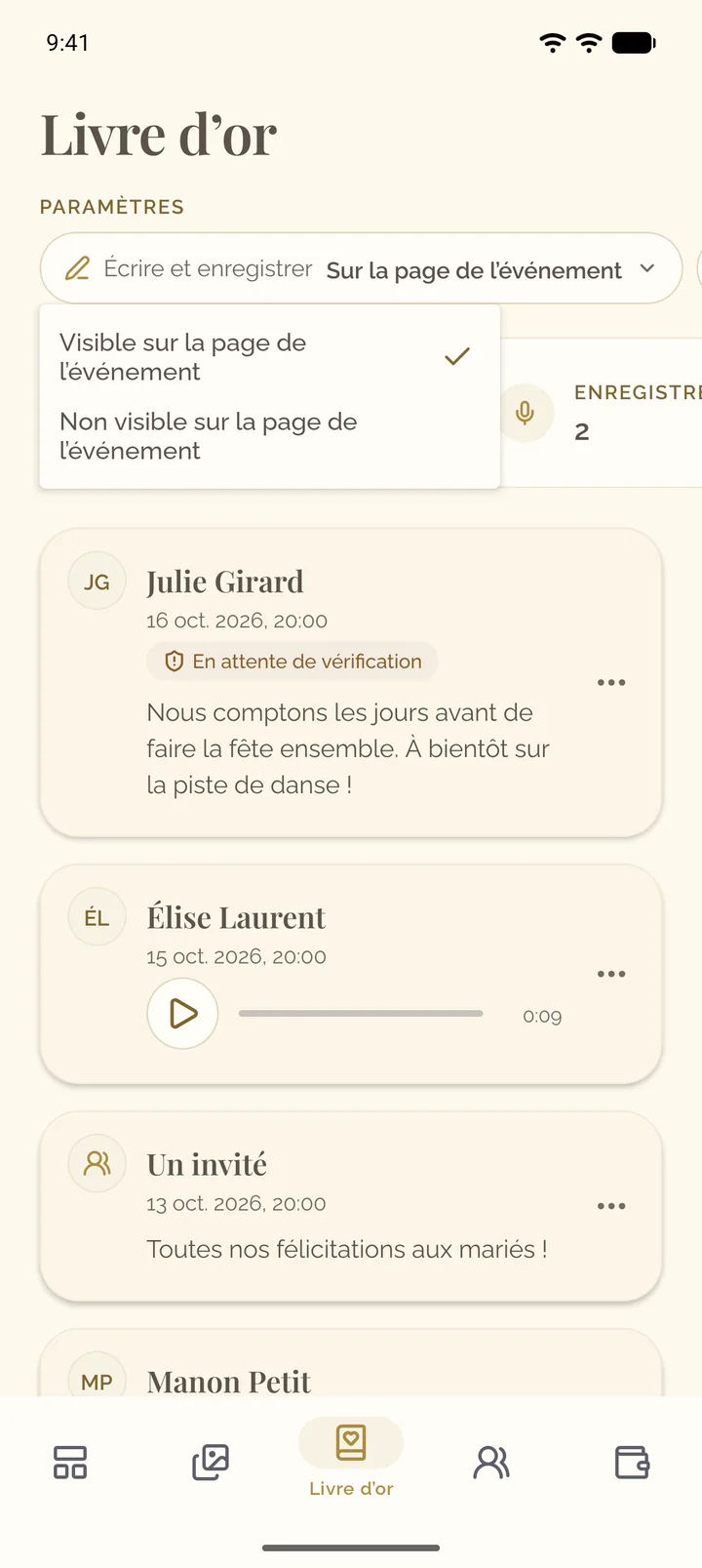 Le menu du paramètre Écrire et enregistrer dans l’app