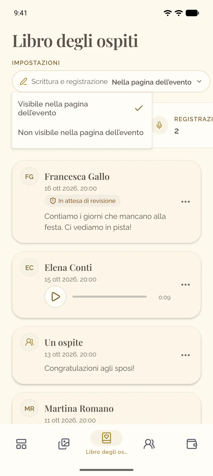 Il menu dell’impostazione Scrittura e registrazione nell’app