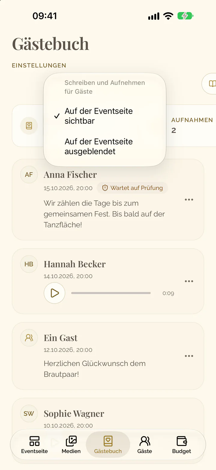 Das Menü der Einstellung Schreiben und Aufnehmen in der App