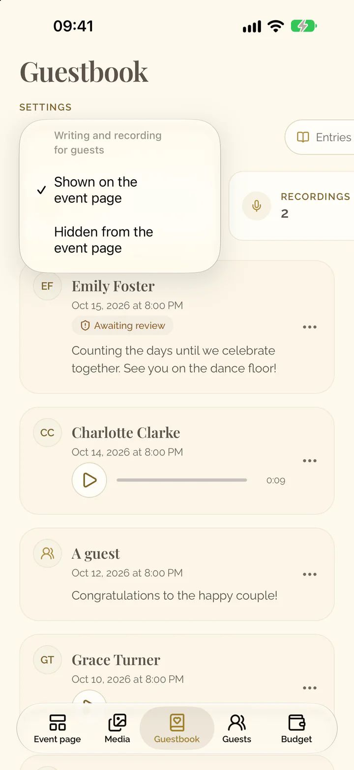 The menu of the setting Writing and recording in the app