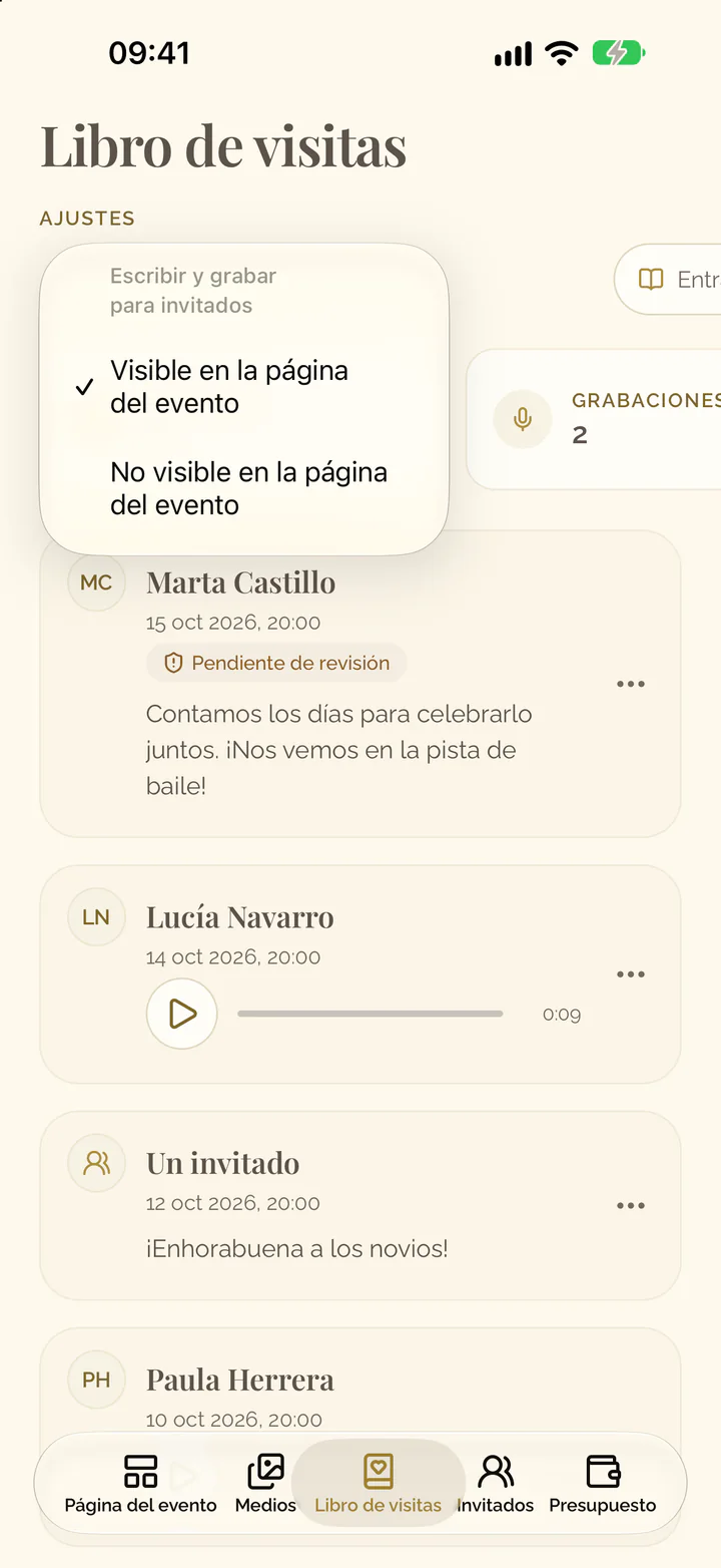 El menú del ajuste Escribir y grabar en la app