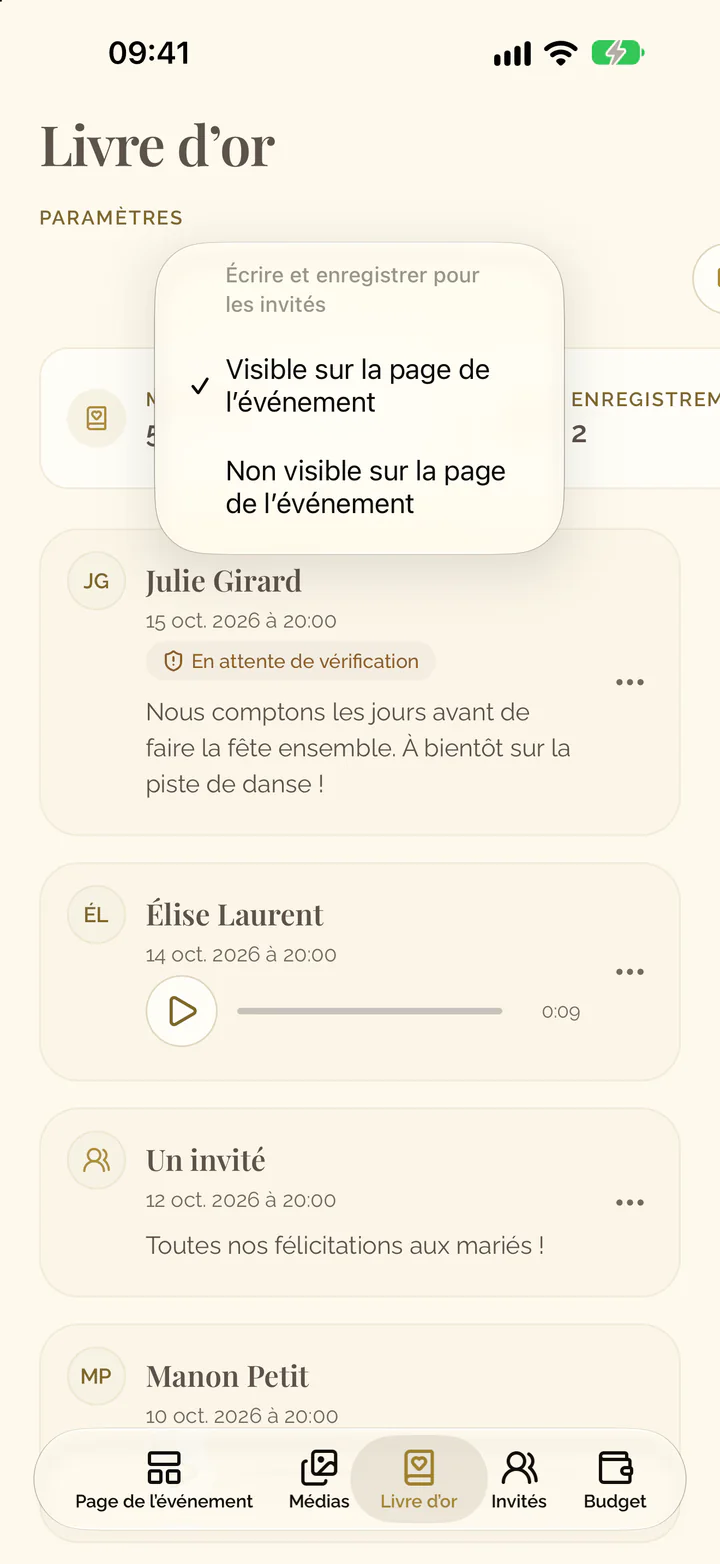 Le menu du paramètre Écrire et enregistrer dans l’app
