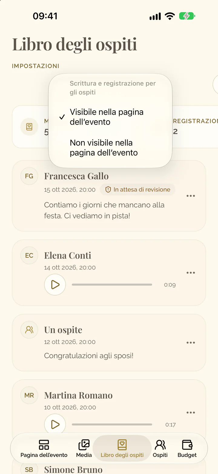 Il menu dell’impostazione Scrittura e registrazione nell’app
