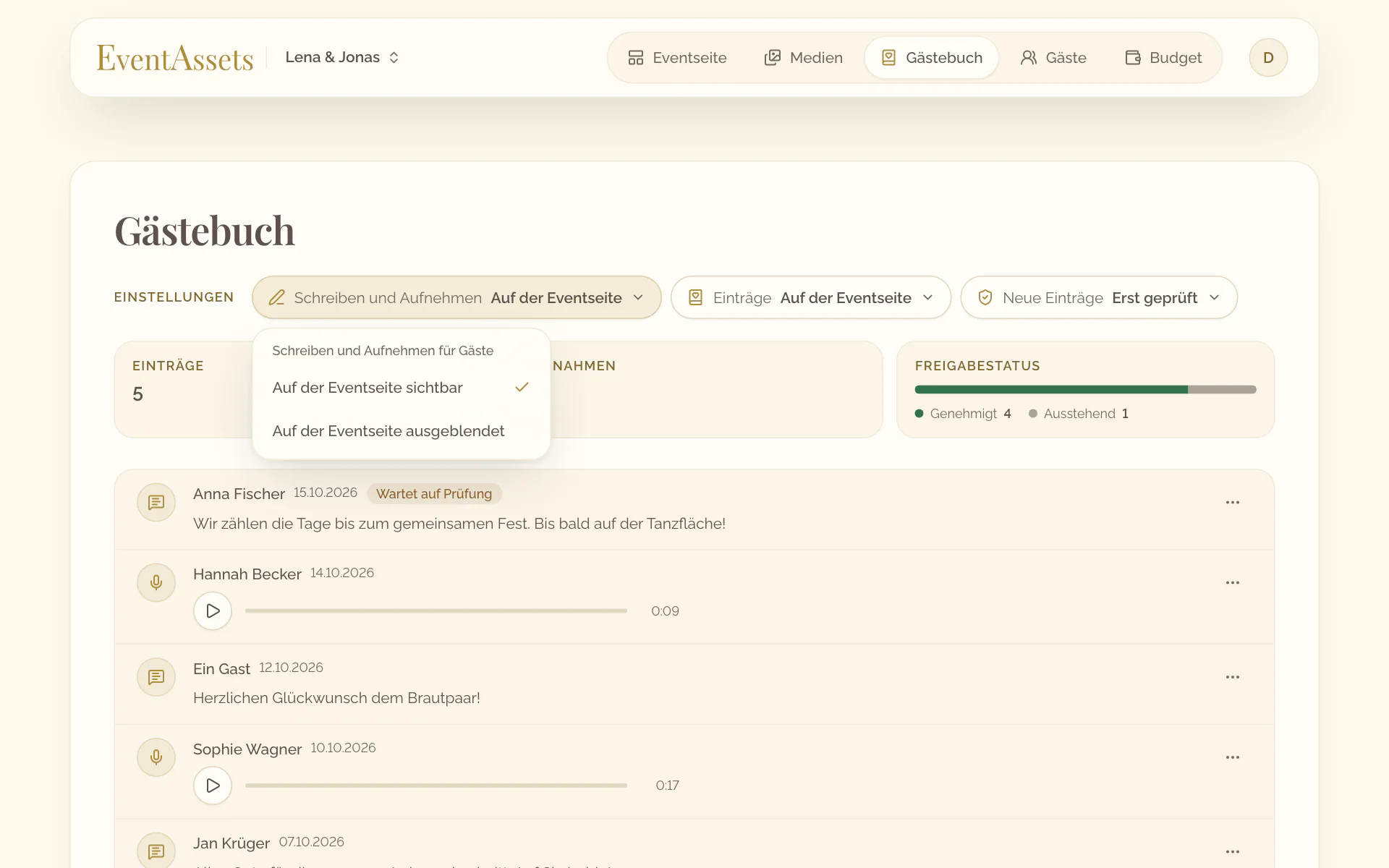 Die Einstellung Schreiben und Aufnehmen im Tab Gästebuch, geöffnet mit ihren zwei Möglichkeiten
