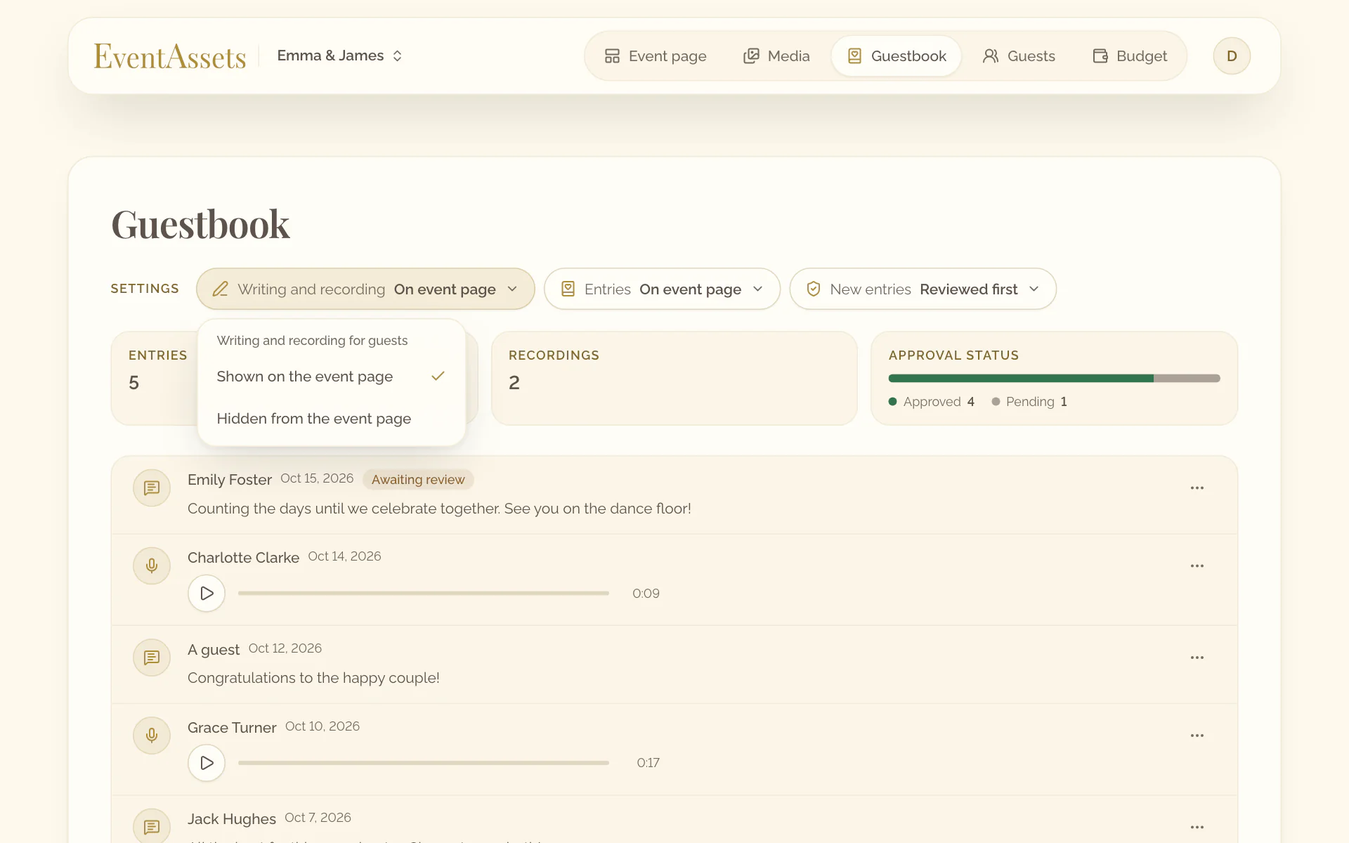 The setting Writing and recording of the Guestbook tab, open with its two choices
