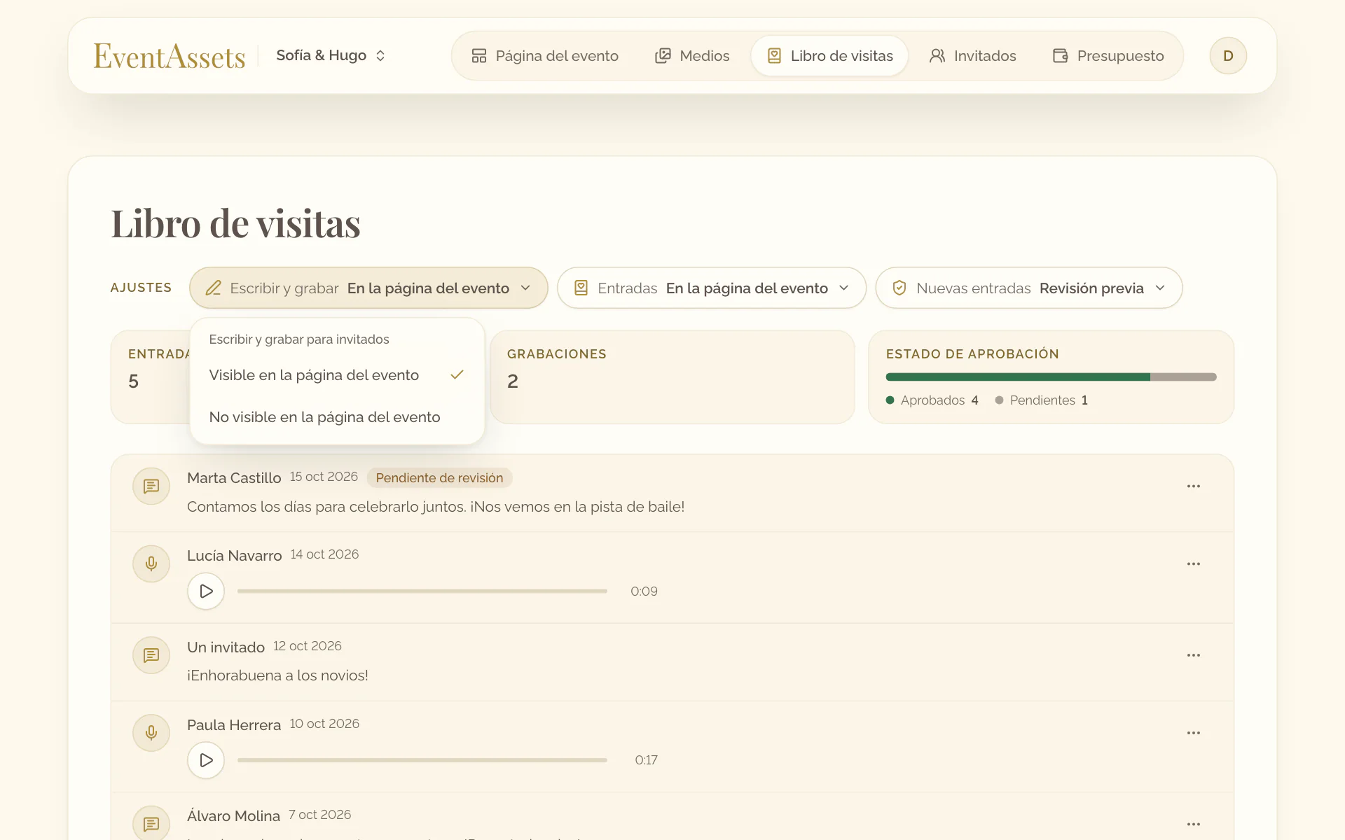 El ajuste Escribir y grabar de la pestaña Libro de visitas, abierto con sus dos opciones